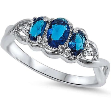 3 Stone Engagement Ring Oval Simulated Blue Sapphire CZ 925 Sterling Silver